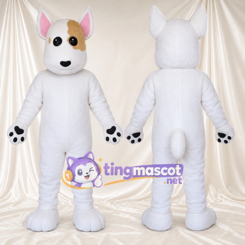 Costume de mascotte Bull-terrier – blanc – Tache autour d’un œil (marron)