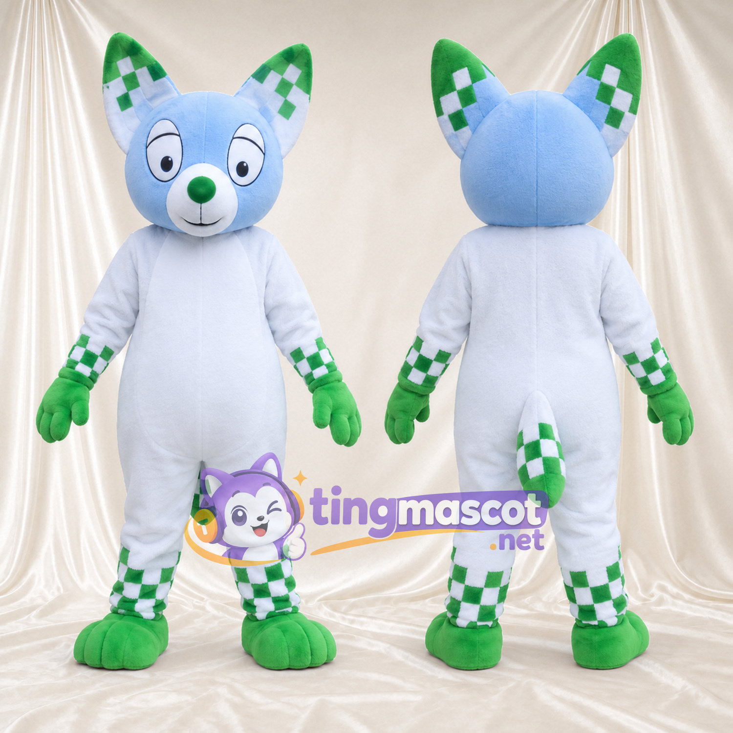 Costume de mascotte Renard – blanc – Touches de couleur (vert) Costume de mascotte Renard – blanc – Touches de couleur (vert)