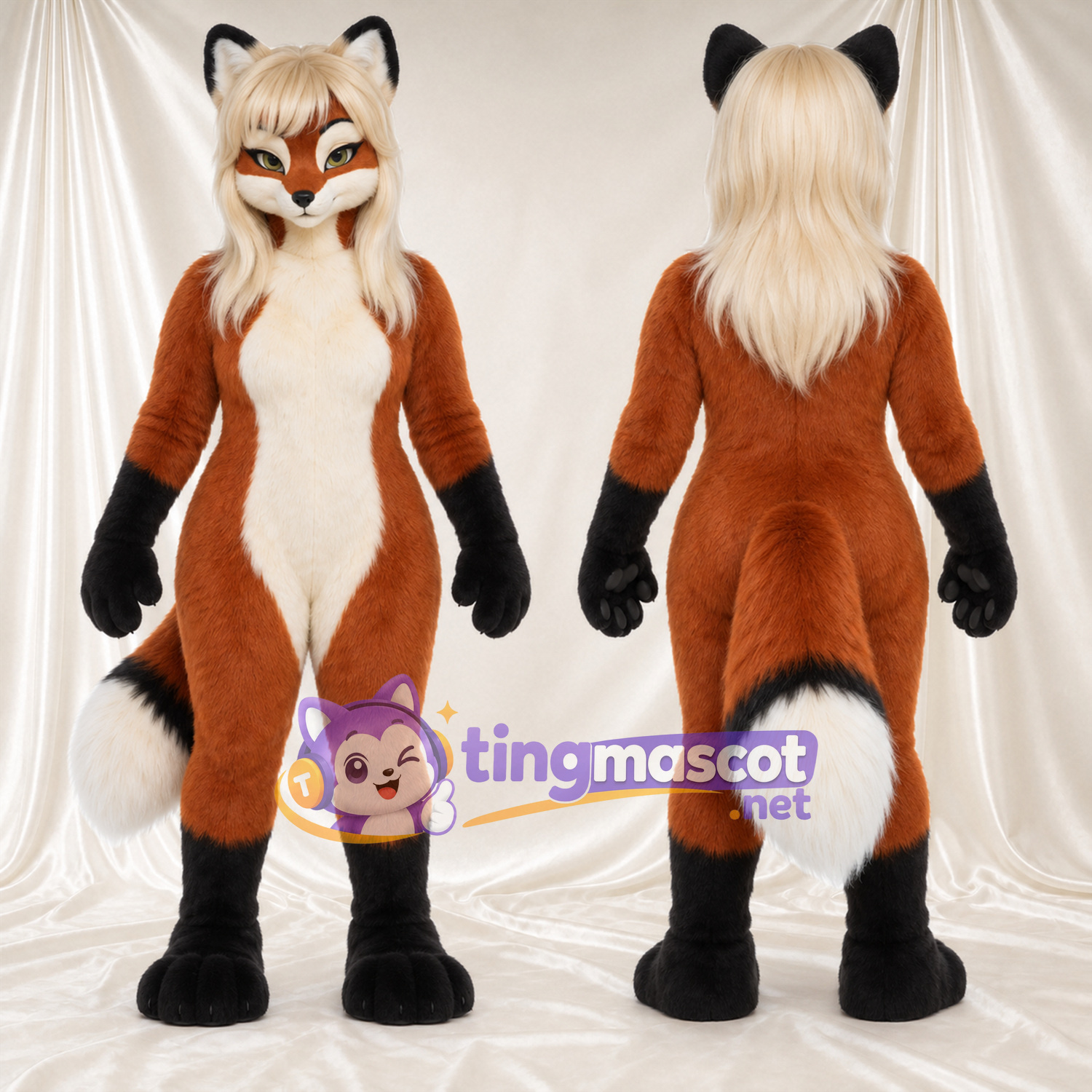 Costume de mascotte Renard – marron – Bottes (noir); Cheveux