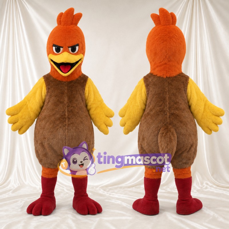 Brown Chicken Mascot Costume - Orange Head and Yellow Wings