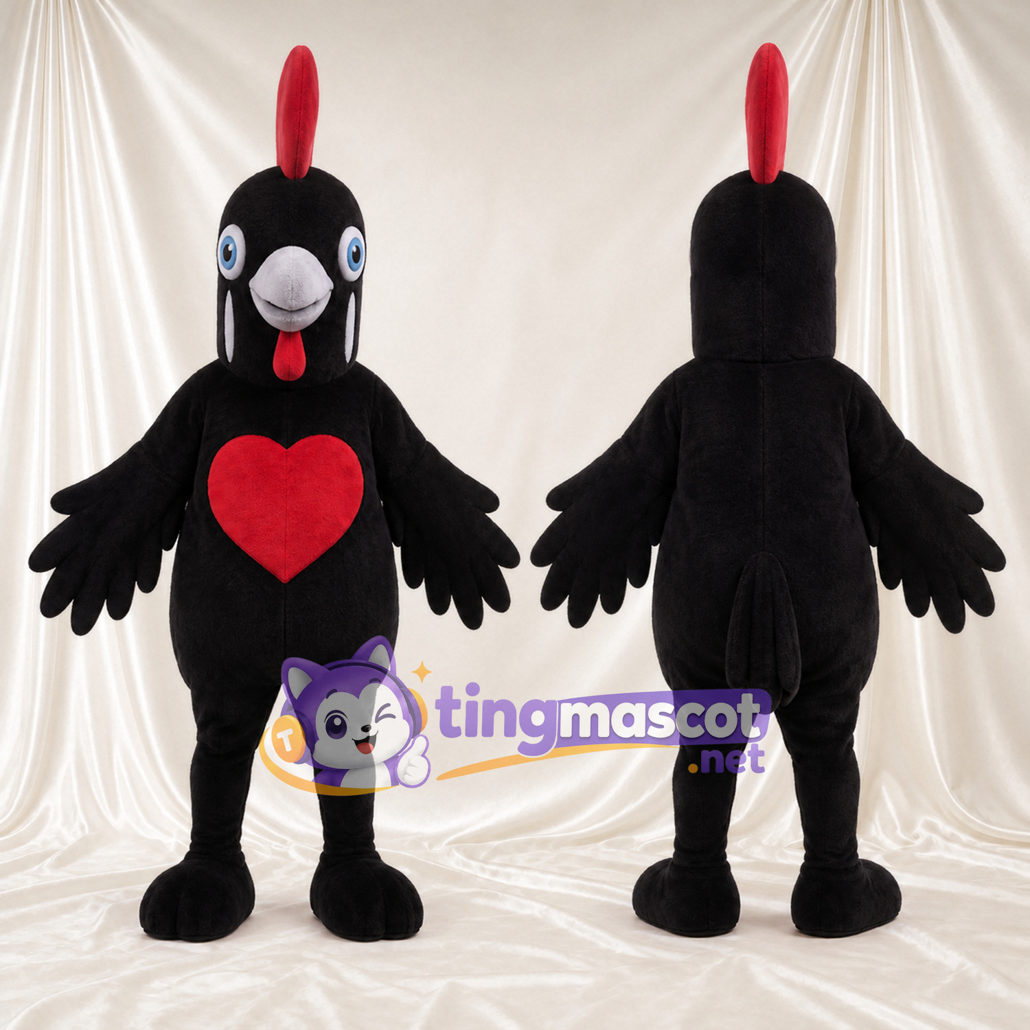 Black Chicken Mascot Costume - Red Heart on Chest Black Chicken Mascot Costume - Red Heart on Chest