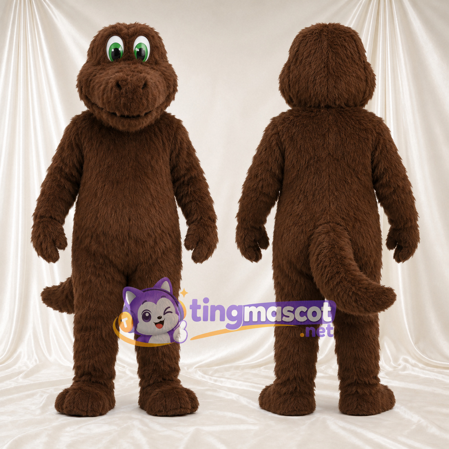 Costume de mascotte Dinosaure – marron – Longue queue; Yeux (vert) Costume de mascotte Dinosaure – marron – Longue queue; Yeux (vert)