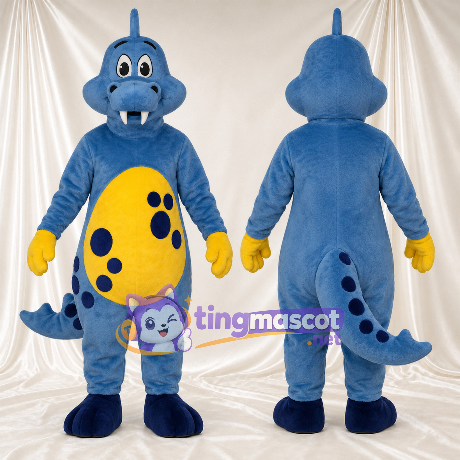 Blue Dinosaur Mascot Costume - Yellow Belly, Spotted Belly and Yellow Gloves Blue Dinosaur Mascot Costume - Yellow Belly, Spotted Belly and Yellow Gloves