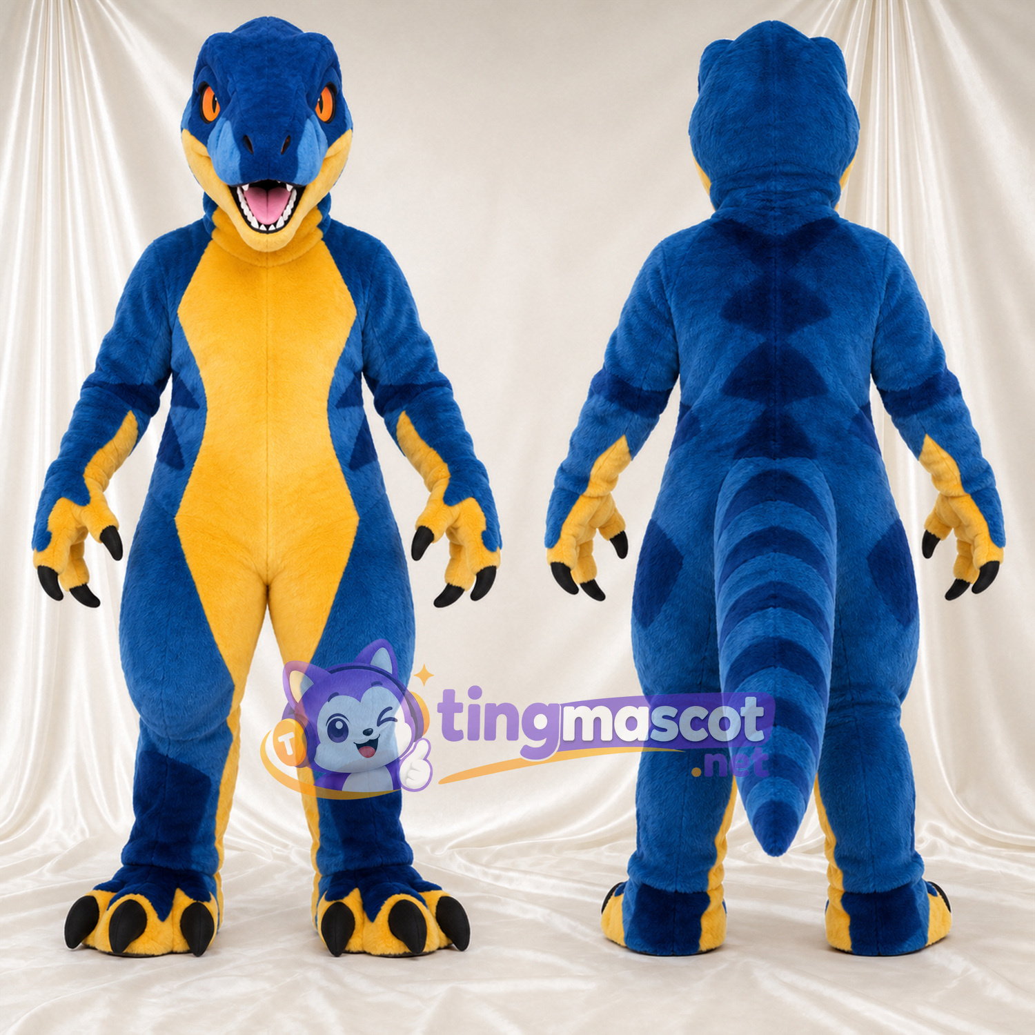Blue Dinosaur Mascot Costume - Yellow Belly, Black Claws and Yellow Paw Pads Blue Dinosaur Mascot Costume - Yellow Belly, Black Claws and Yellow Paw Pads