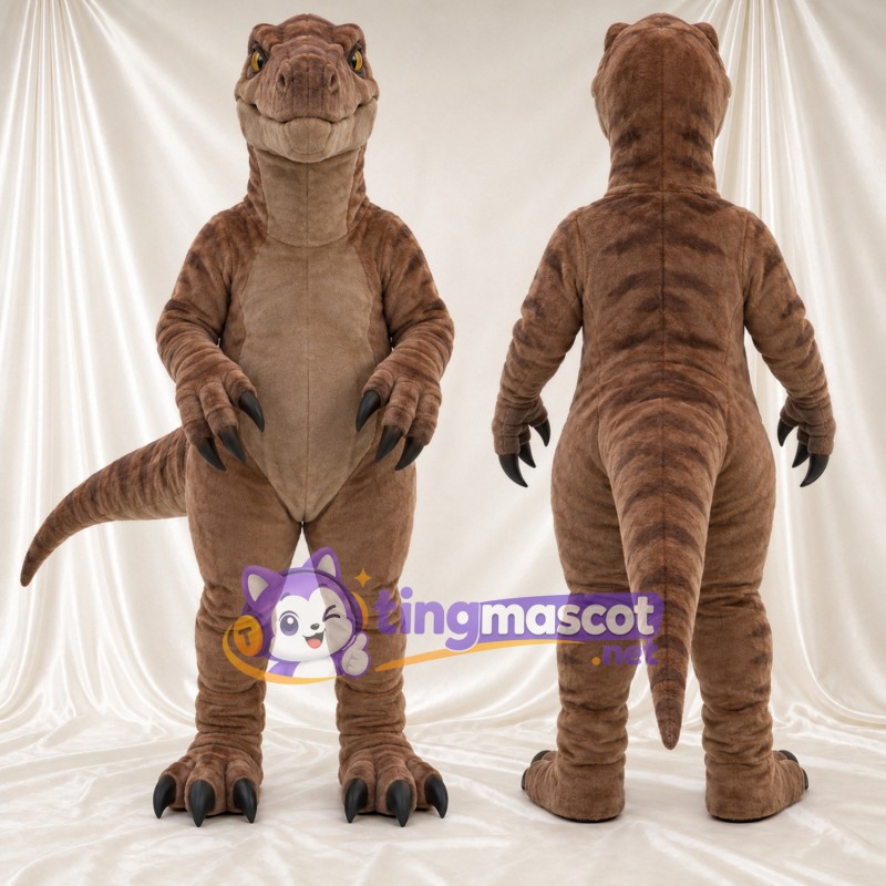 Costume de mascotte Dinosaure – marron – Griffes (noir); Rayures (noir)