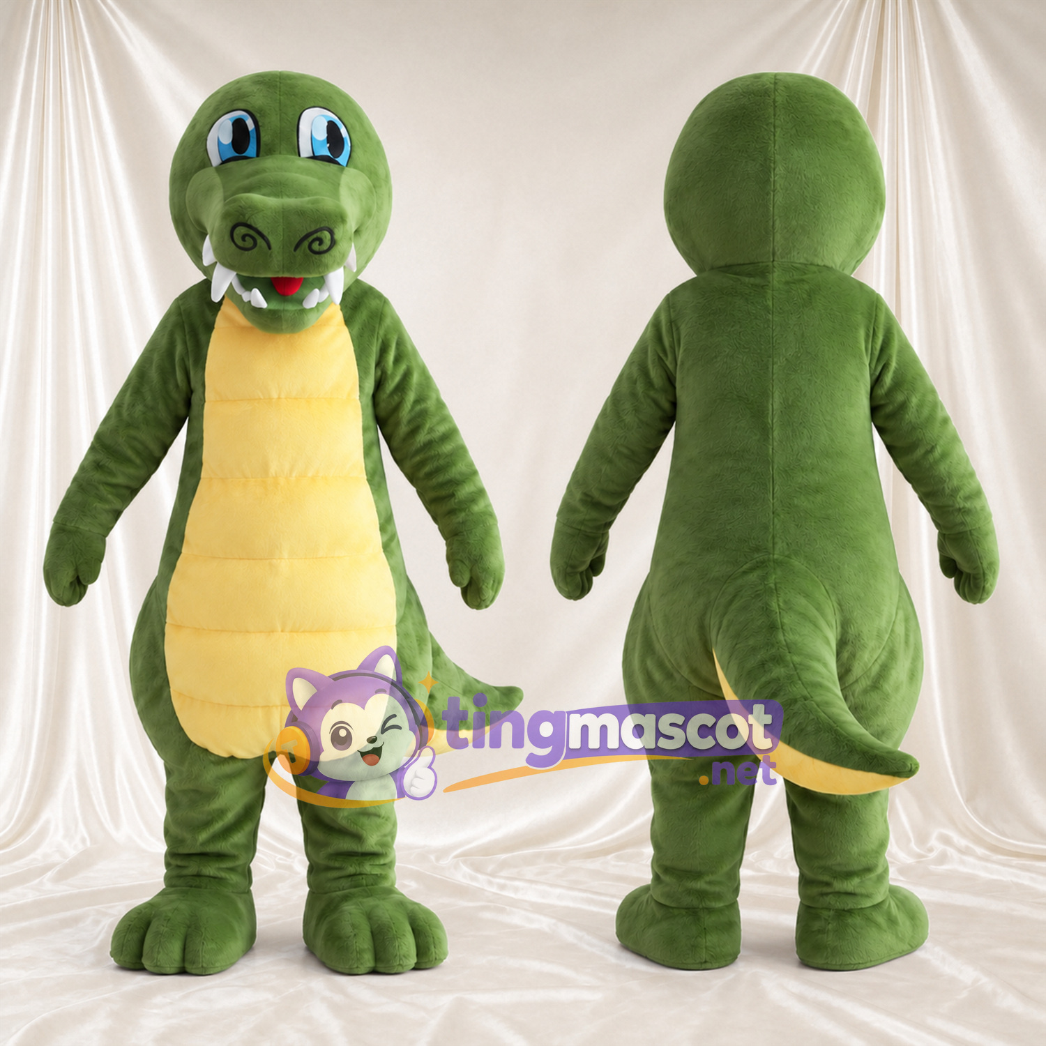 Costume de mascotte Dinosaure – vert – Ventre (jaune); Yeux (bleu) Costume de mascotte Dinosaure – vert – Ventre (jaune); Yeux (bleu)