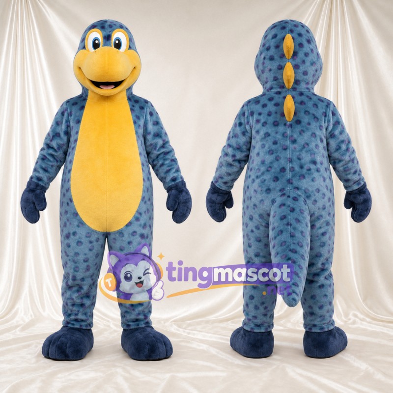 Blue Dinosaur Mascot Costume - Yellow Belly, Yellow Back Spikes and Black Spots