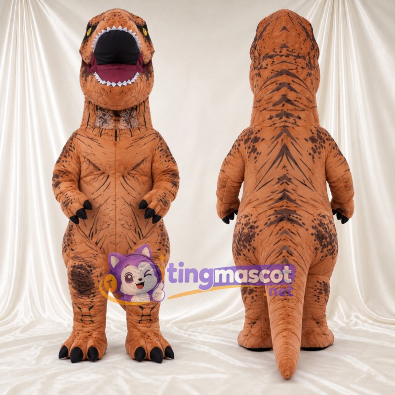 Costume de mascotte Dinosaure – marron – Bouche ouverte; Rayures (noir)