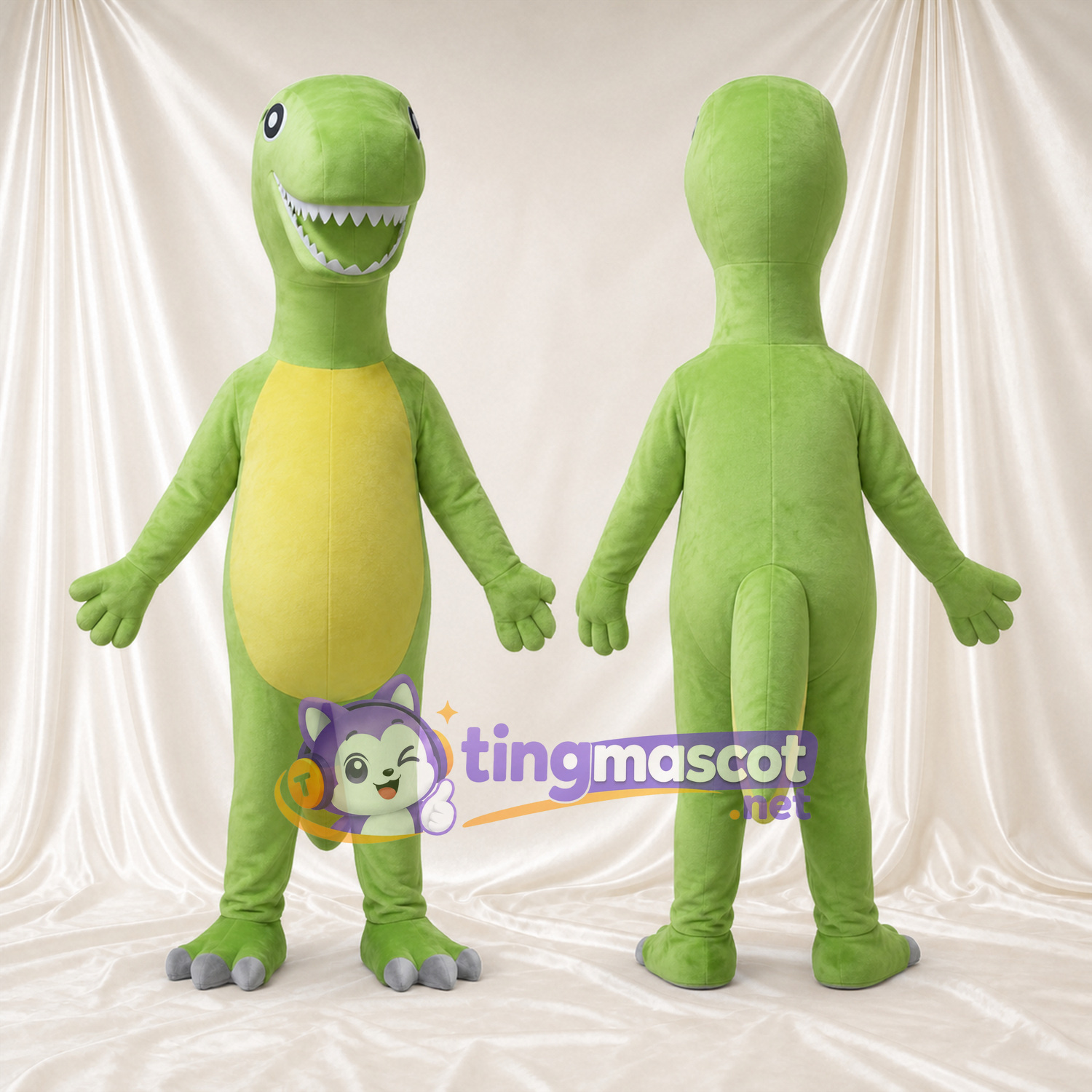 Costume de mascotte Dinosaure – vert – Ventre (jaune); Sourire avec dents Costume de mascotte Dinosaure – vert – Ventre (jaune); Sourire avec dents