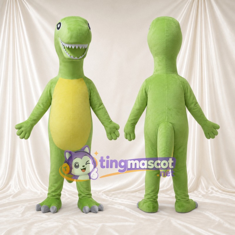 Costume de mascotte Dinosaure – vert – Ventre (jaune); Sourire avec dents