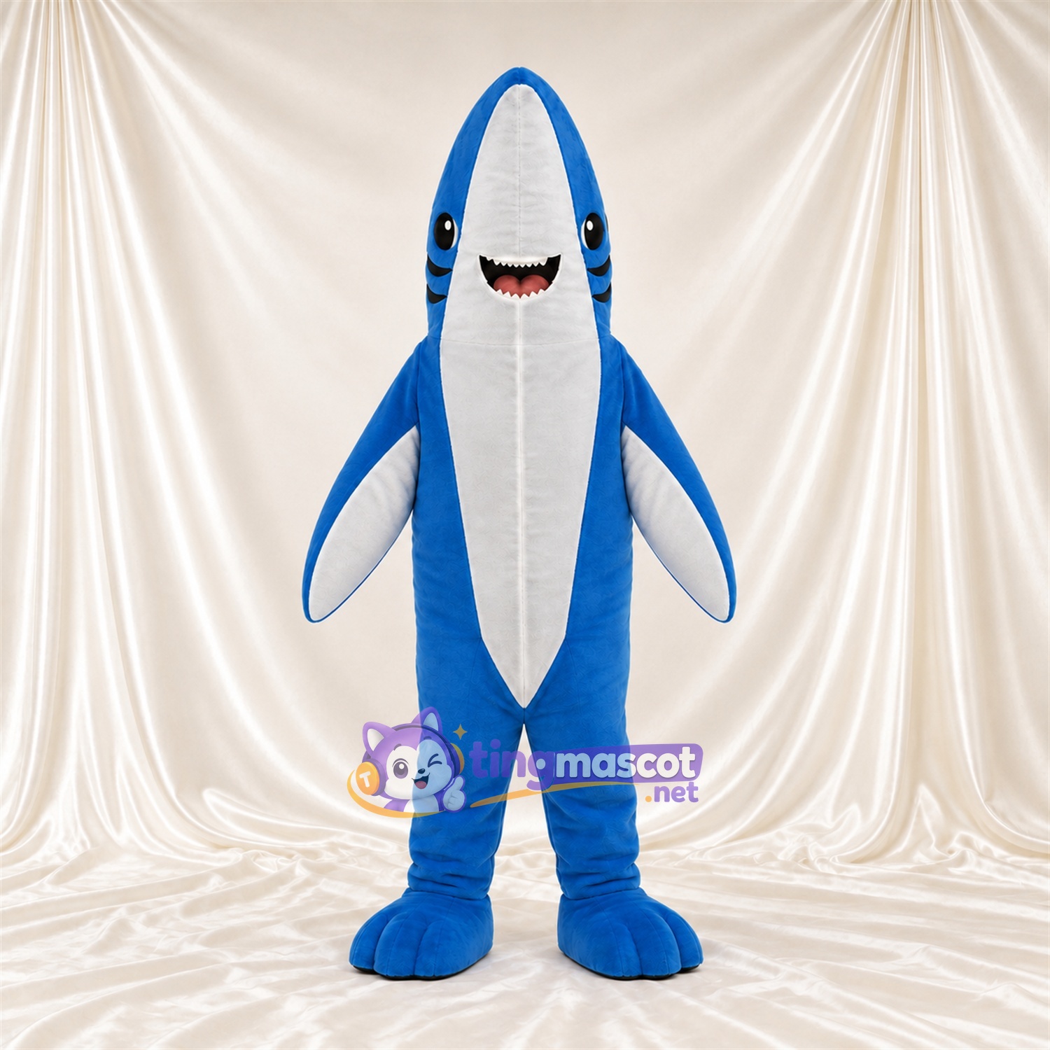 Costume de mascotte Requin – bleu – Ventre (blanc); Nageoires Costume de mascotte Requin – bleu – Ventre (blanc); Nageoires