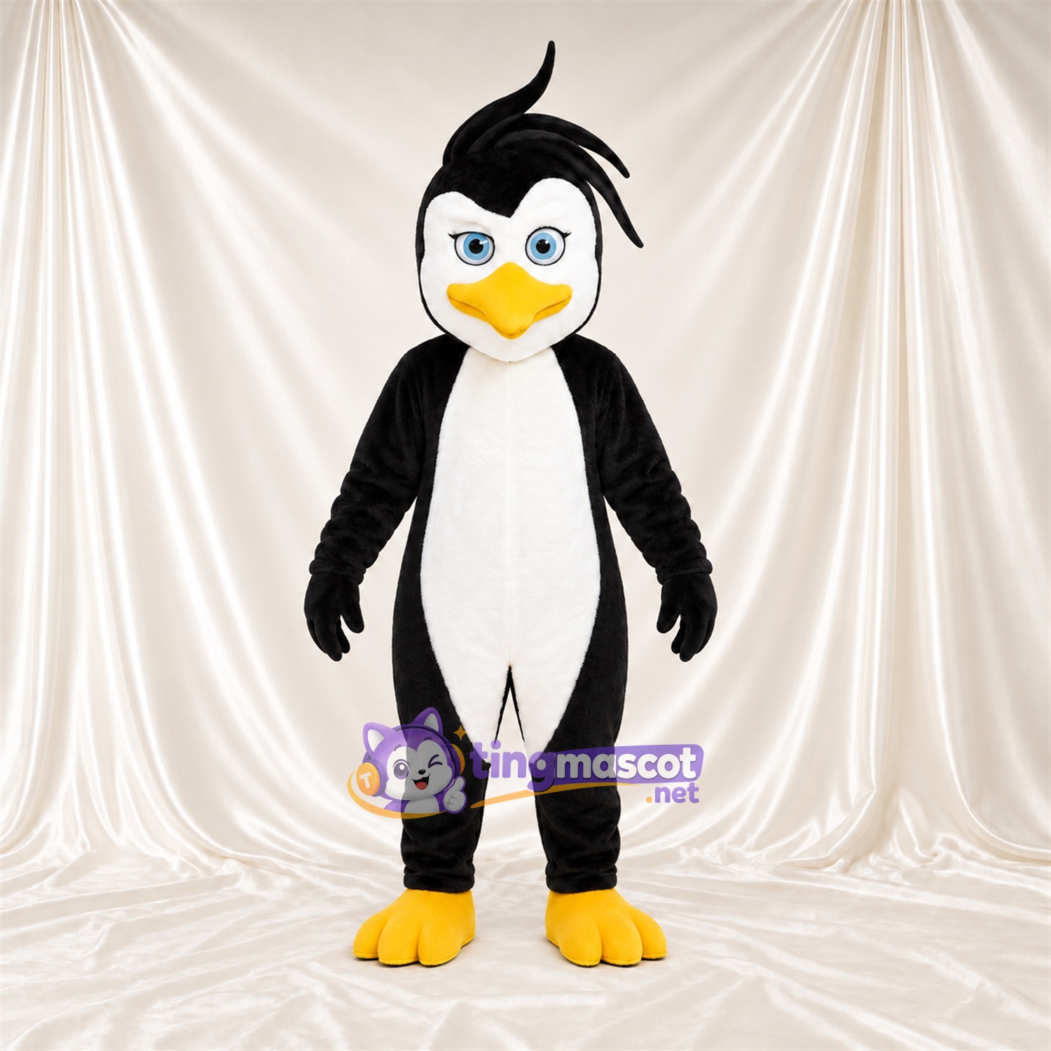 Black and White Penguin Mascot Costume - Blue Eyes and Head Tuft Black and White Penguin Mascot Costume - Blue Eyes and Head Tuft