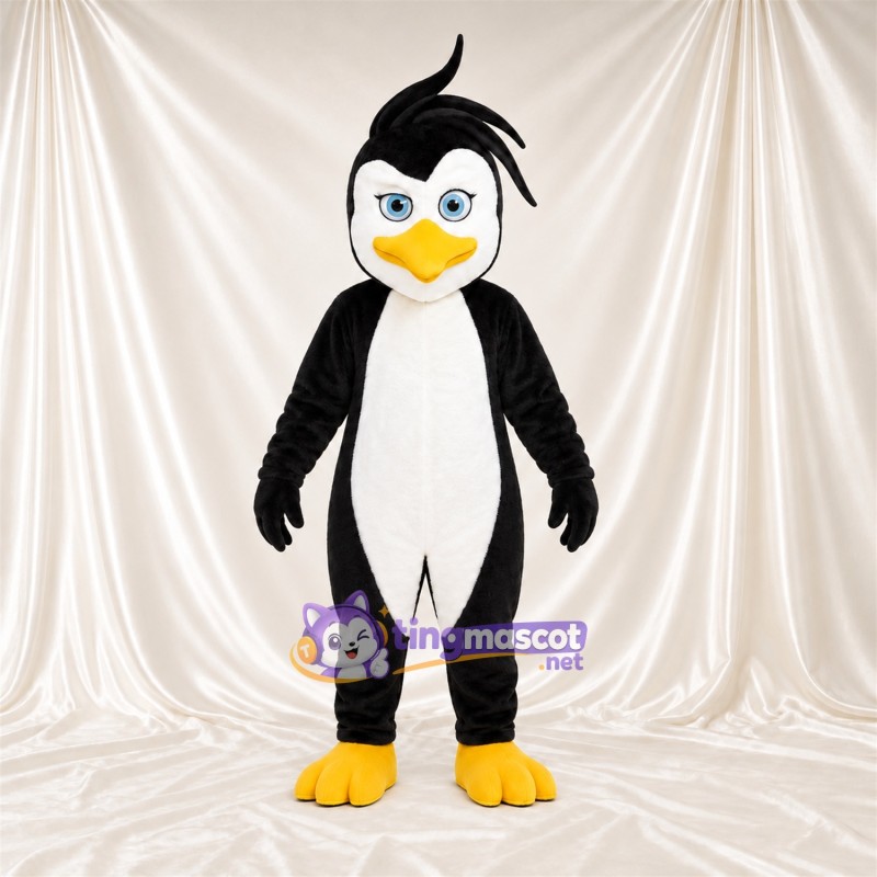 Black and White Penguin Mascot Costume - Blue Eyes and Head Tuft Black and White Penguin Mascot Costume - Blue Eyes and Head Tuft