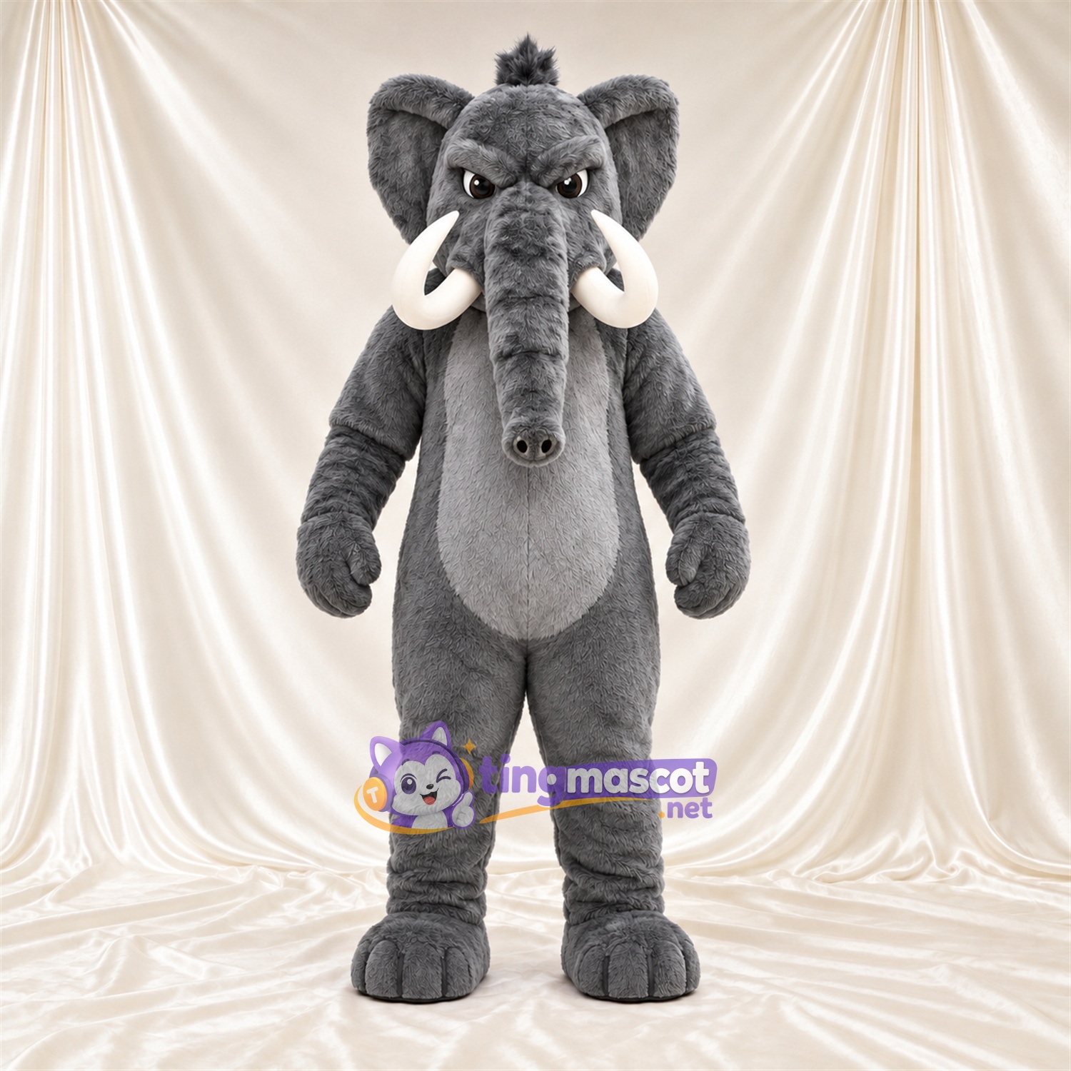 Costume de mascotte Éléphant – gris – Sourcils inclinés; Défenses (blanc) Costume de mascotte Éléphant – gris – Sourcils inclinés; Défenses (blanc)