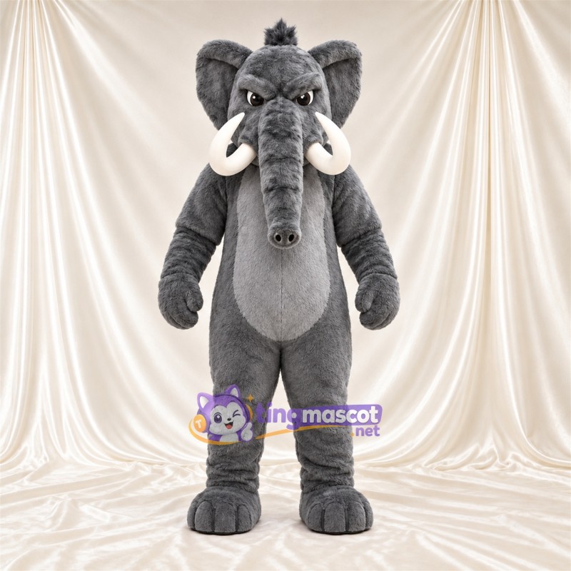 Costume de mascotte Éléphant – gris – Sourcils inclinés; Défenses (blanc) Costume de mascotte Éléphant – gris – Sourcils inclinés; Défenses (blanc)