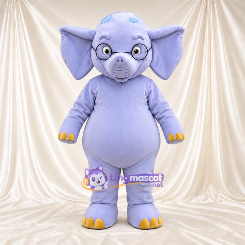 Maskottchenkostüm Elefant – violett – Runde Brille; Zehen (gelb) Maskottchenkostüm Elefant – violett – Runde Brille; Zehen (gelb)