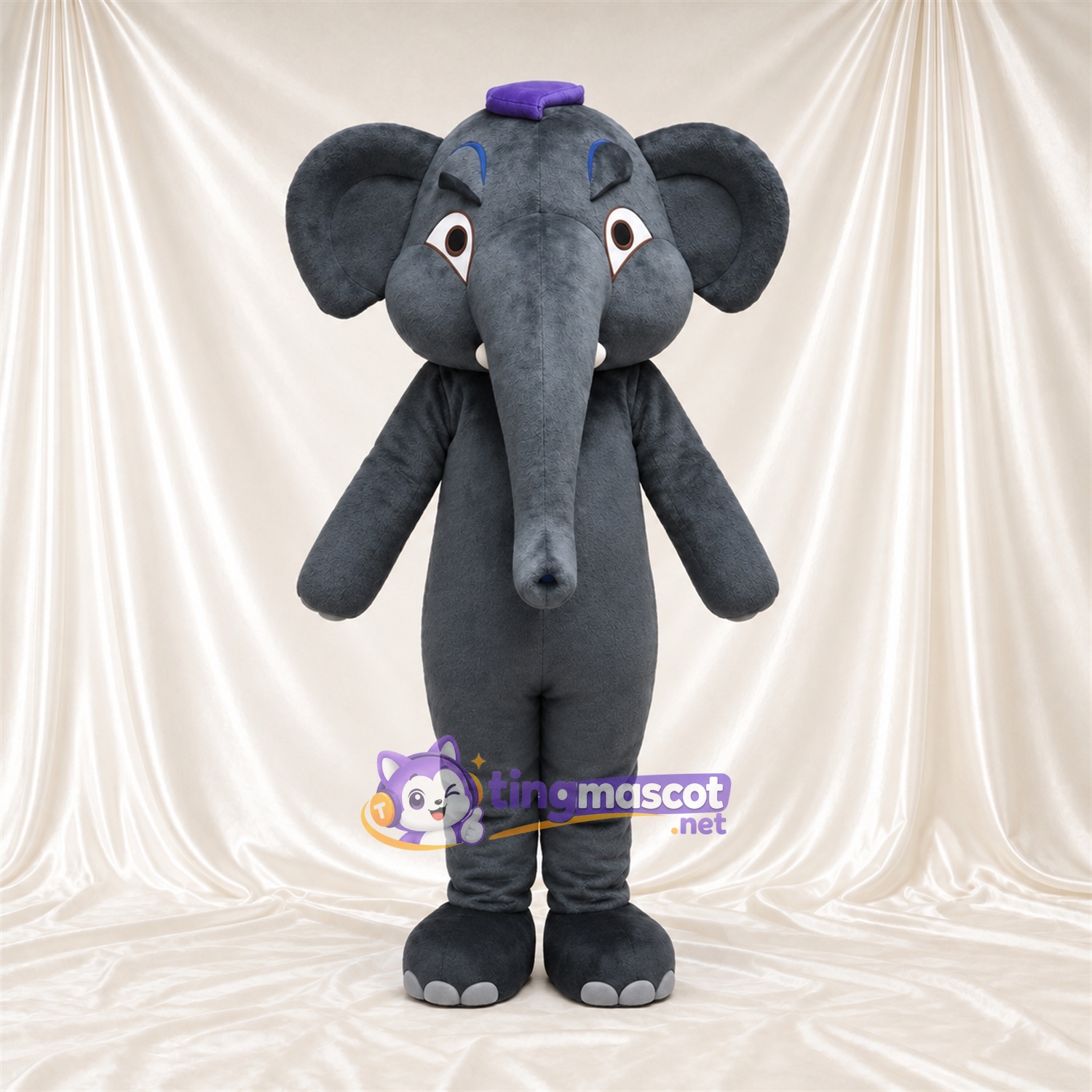 Costume de mascotte Éléphant – gris – Casquette (violet) Costume de mascotte Éléphant – gris – Casquette (violet)