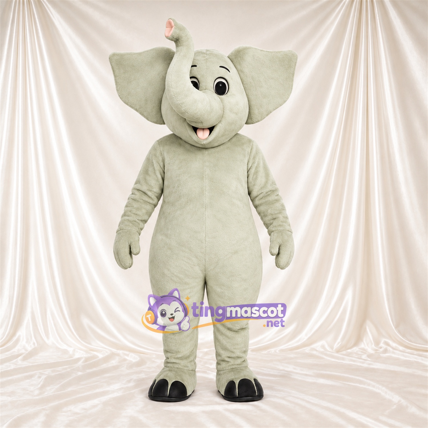Costume de mascotte Éléphant – gris – Grandes incisives; Trompe relevée Costume de mascotte Éléphant – gris – Grandes incisives; Trompe relevée