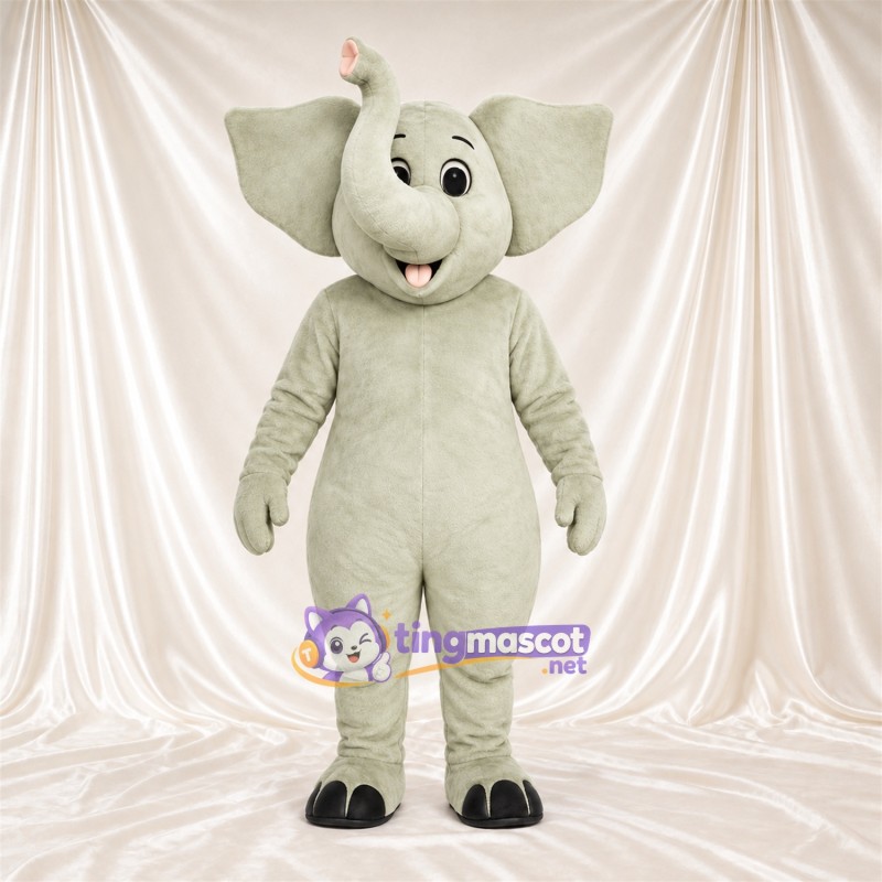 Costume de mascotte Éléphant – gris – Grandes incisives; Trompe relevée Costume de mascotte Éléphant – gris – Grandes incisives; Trompe relevée