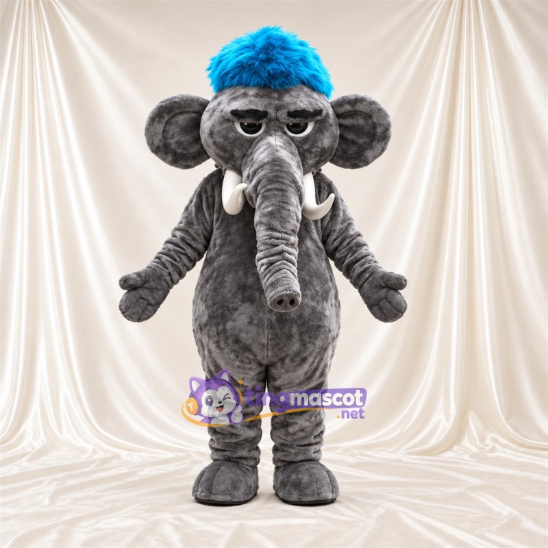 Gray Elephant Mascot Costume - Blue Head Tuft, Long Trunk and White Tusks Gray Elephant Mascot Costume - Blue Head Tuft, Long Trunk and White Tusks