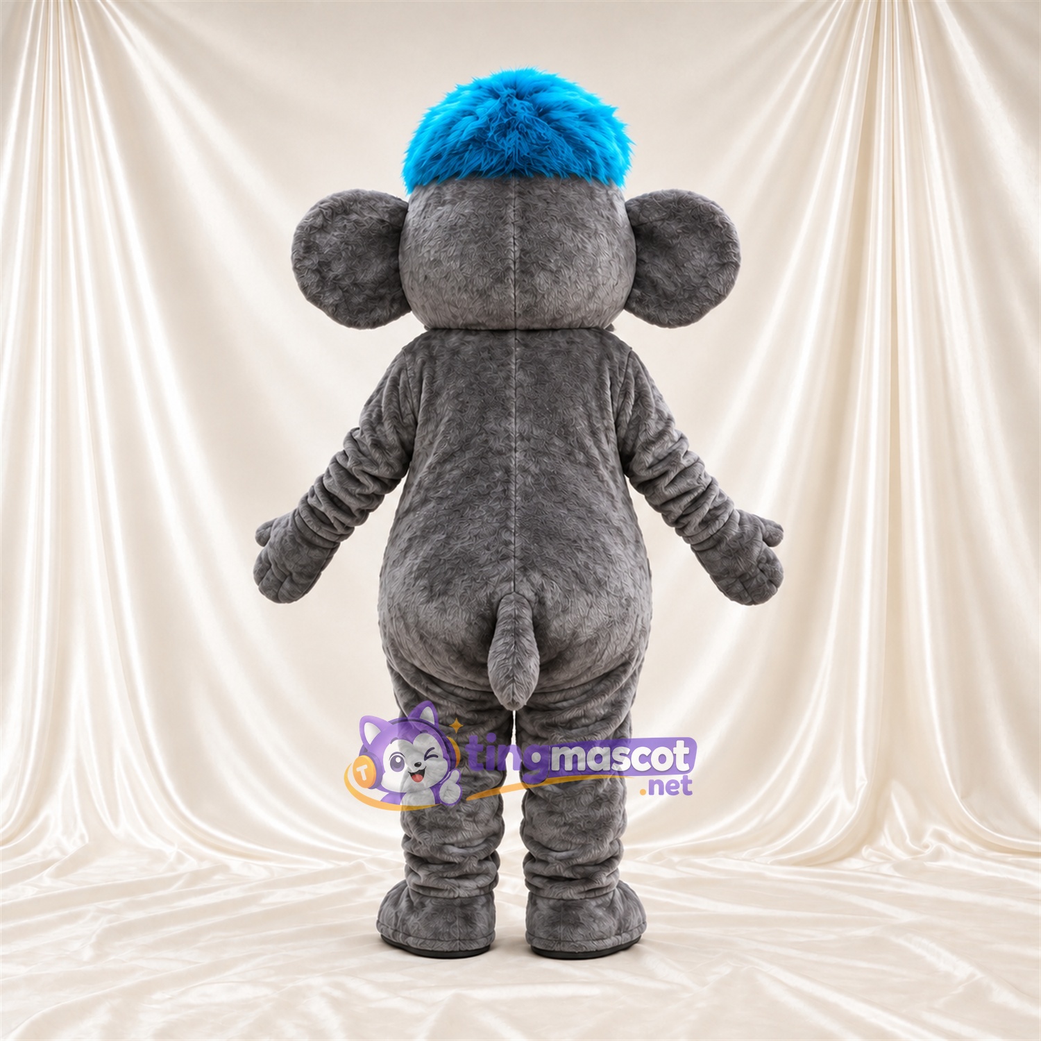 Gray Elephant Mascot Costume - Blue Head Tuft, Long Trunk and White Tusks