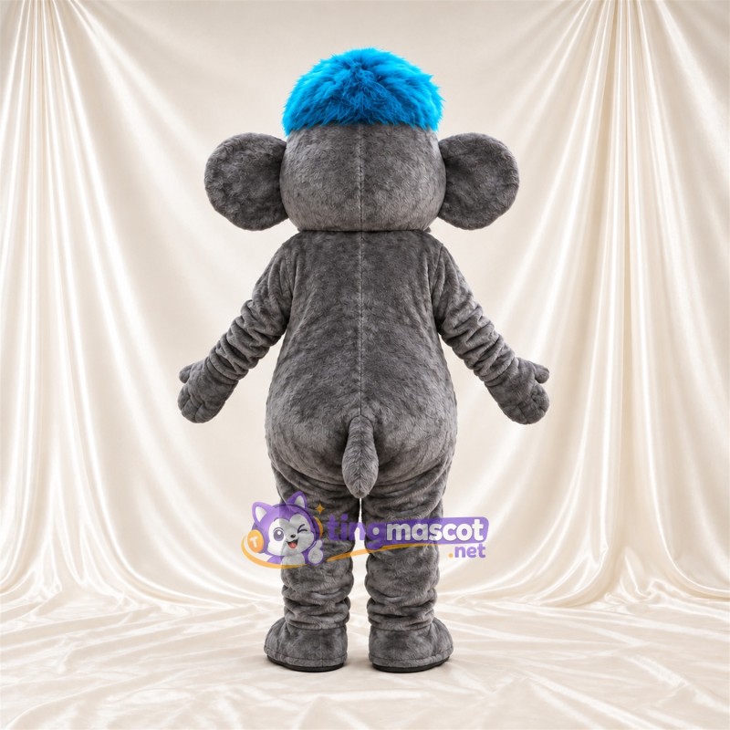 Gray Elephant Mascot Costume - Blue Head Tuft, Long Trunk and White Tusks