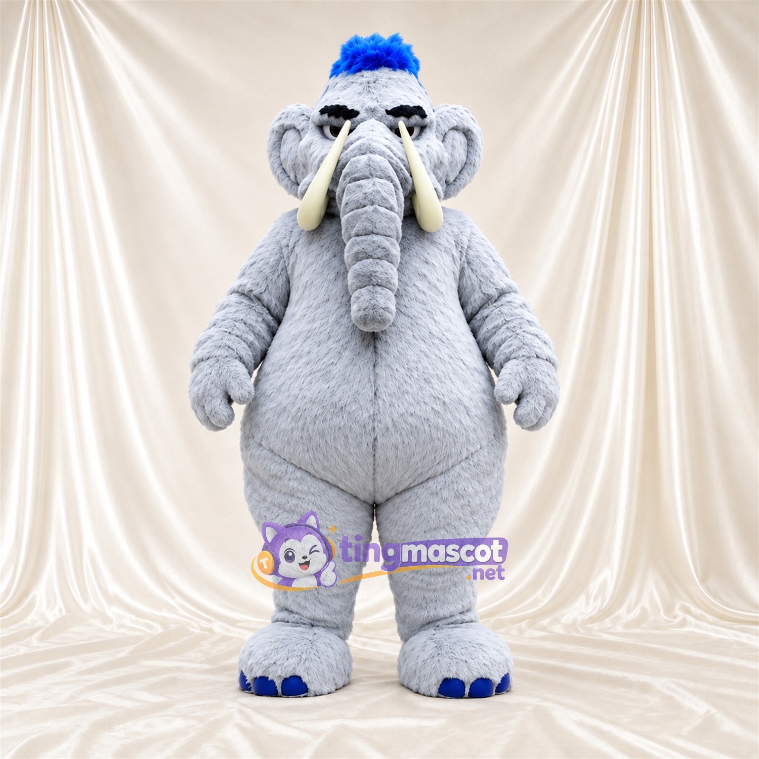 Gray Elephant Mascot Costume - Blue Head Tuft, Round Belly and Blue Claws Gray Elephant Mascot Costume - Blue Head Tuft, Round Belly and Blue Claws