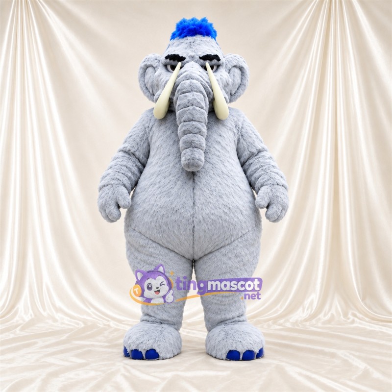 Gray Elephant Mascot Costume - Blue Head Tuft, Round Belly and Blue Claws Gray Elephant Mascot Costume - Blue Head Tuft, Round Belly and Blue Claws