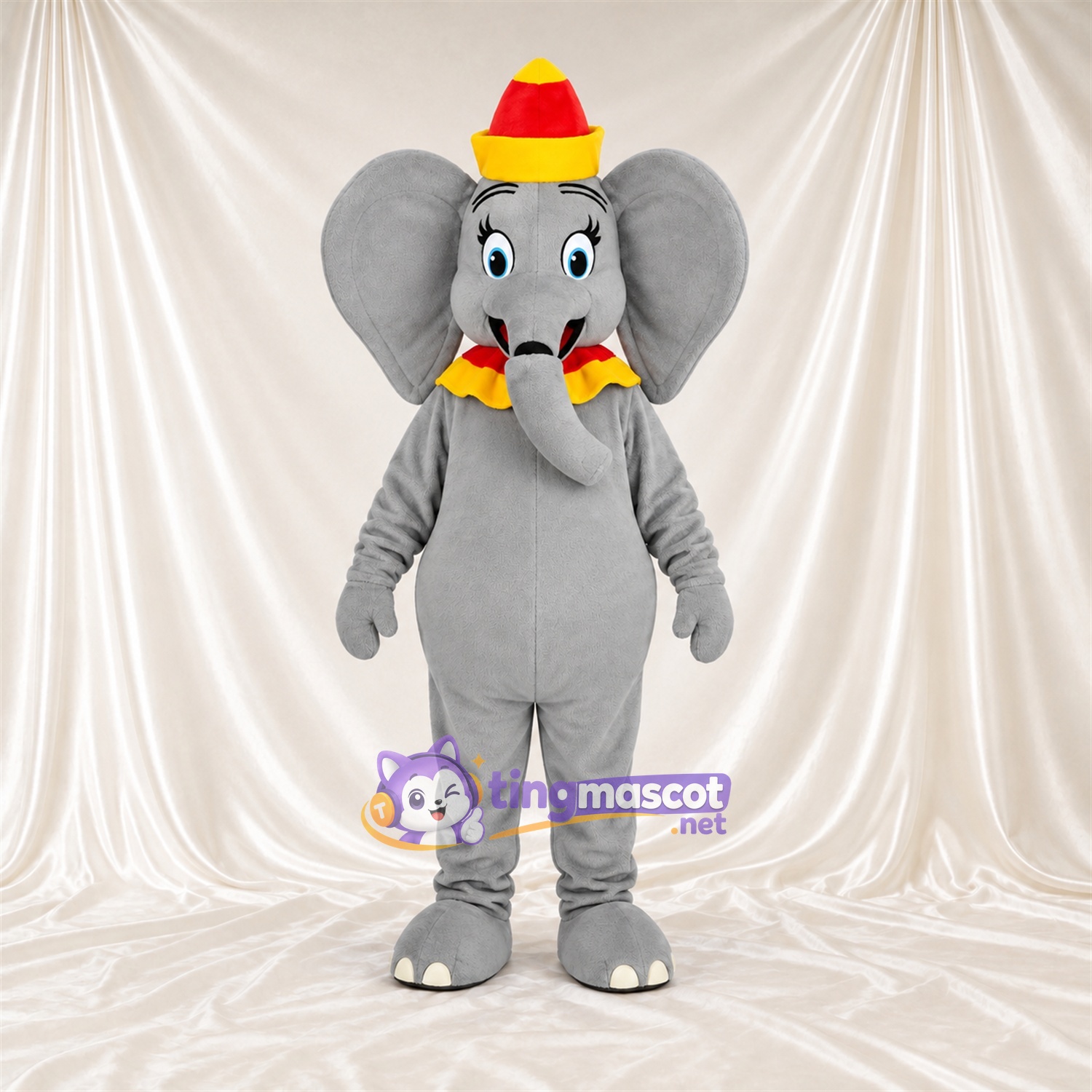 Costume de mascotte Éléphant – gris – Chapeau (rouge / jaune) Costume de mascotte Éléphant – gris – Chapeau (rouge / jaune)