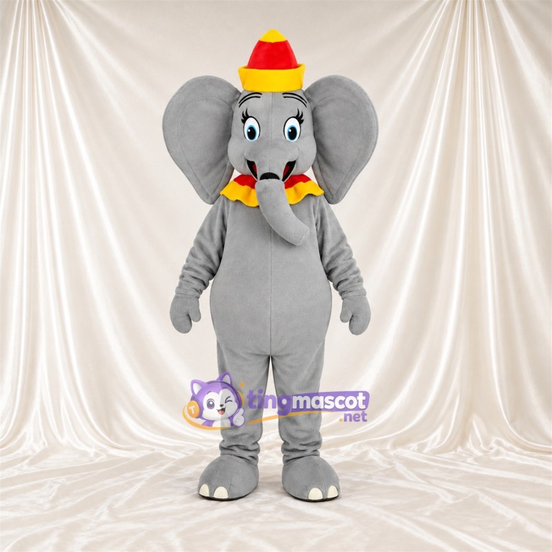 Costume de mascotte Éléphant – gris – Chapeau (rouge / jaune) Costume de mascotte Éléphant – gris – Chapeau (rouge / jaune)