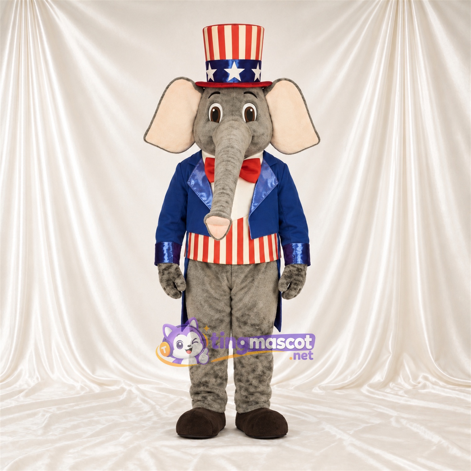 Costume de mascotte Éléphant – gris – Rayures; Haut-de-forme Costume de mascotte Éléphant – gris – Rayures; Haut-de-forme