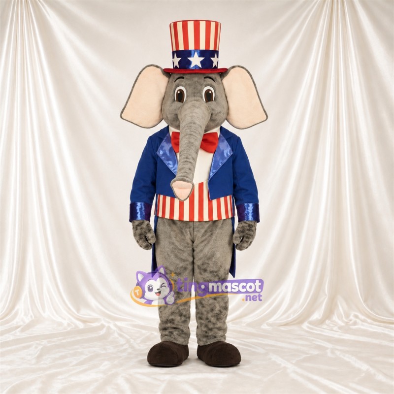 Costume de mascotte Éléphant – gris – Rayures; Haut-de-forme Costume de mascotte Éléphant – gris – Rayures; Haut-de-forme