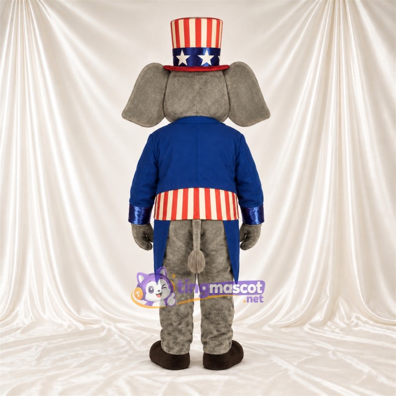 Costume de mascotte Éléphant – gris – Rayures; Haut-de-forme Costume de mascotte Éléphant – gris – Rayures; Haut-de-forme
