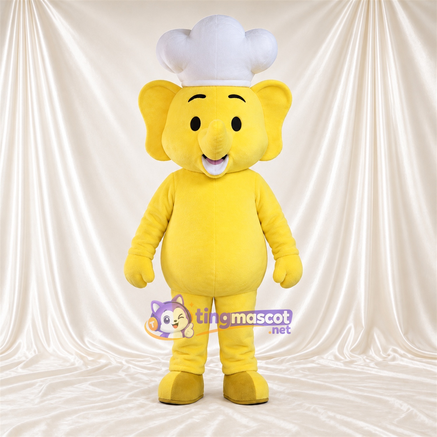 Costume de mascotte Éléphant cuisinier – jaune – Toque de chef (blanc) Costume de mascotte Éléphant cuisinier – jaune – Toque de chef (blanc)