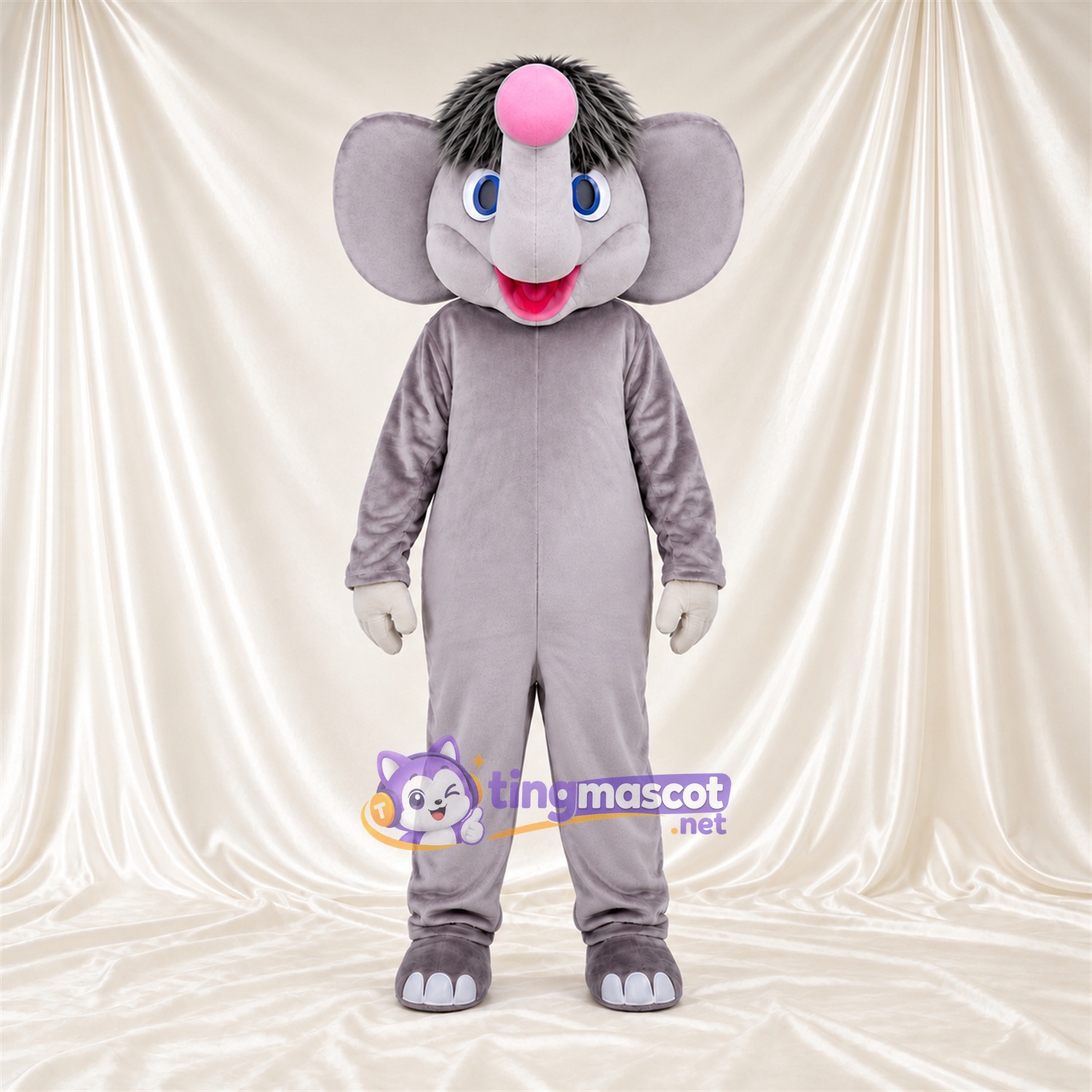 Gray Elephant Mascot Costume - Head Tuft and Pink Trunk Tip Gray Elephant Mascot Costume - Head Tuft and Pink Trunk Tip