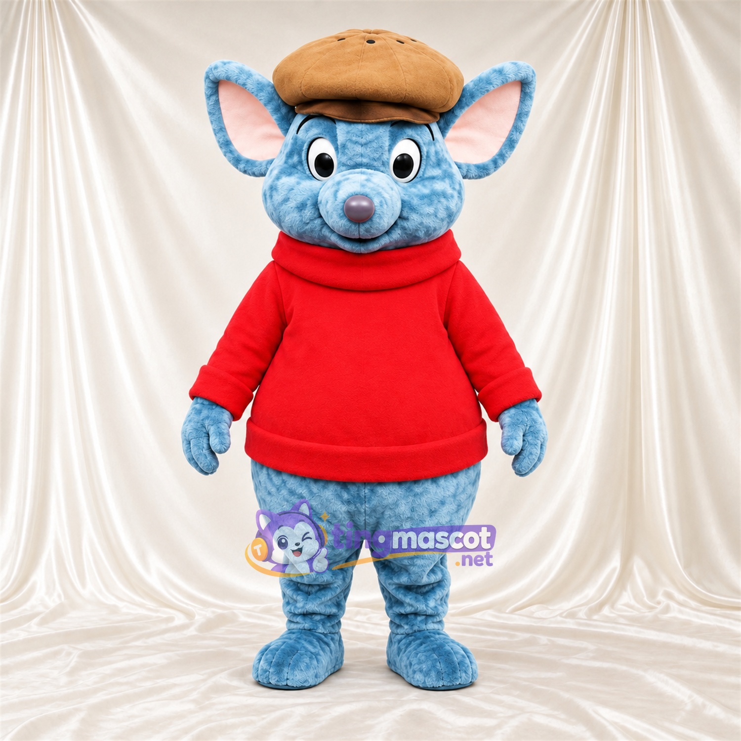 Blue Mouse Mascot Costume - Red Sweater and Tan Cap, Pink Inner Ears and Long Tail Blue Mouse Mascot Costume - Red Sweater and Tan Cap, Pink Inner Ears and Long Tail
