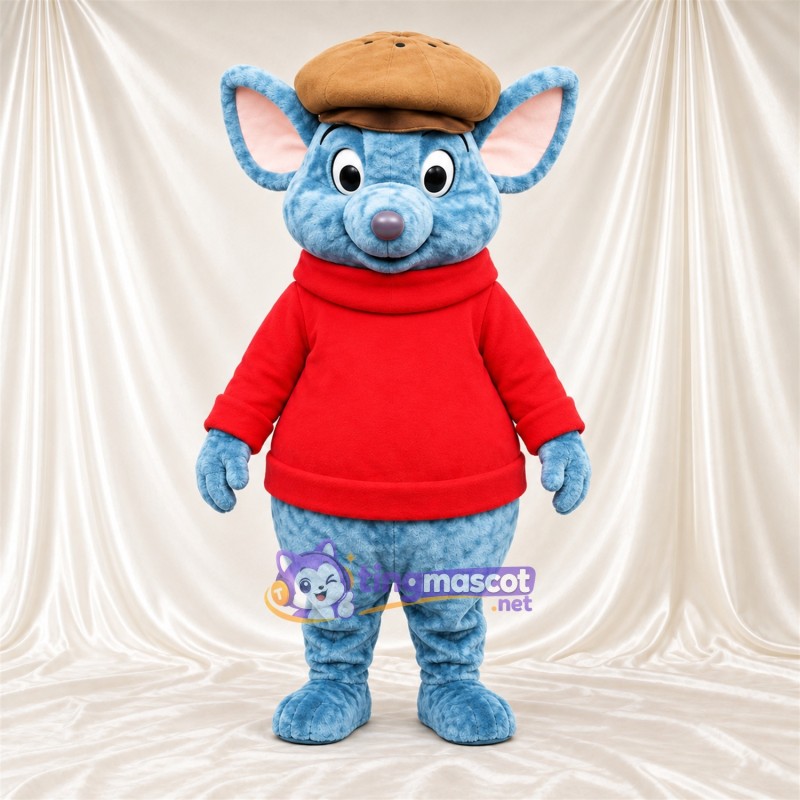 Blue Mouse Mascot Costume - Red Sweater and Tan Cap, Pink Inner Ears and Long Tail Blue Mouse Mascot Costume - Red Sweater and Tan Cap, Pink Inner Ears and Long Tail