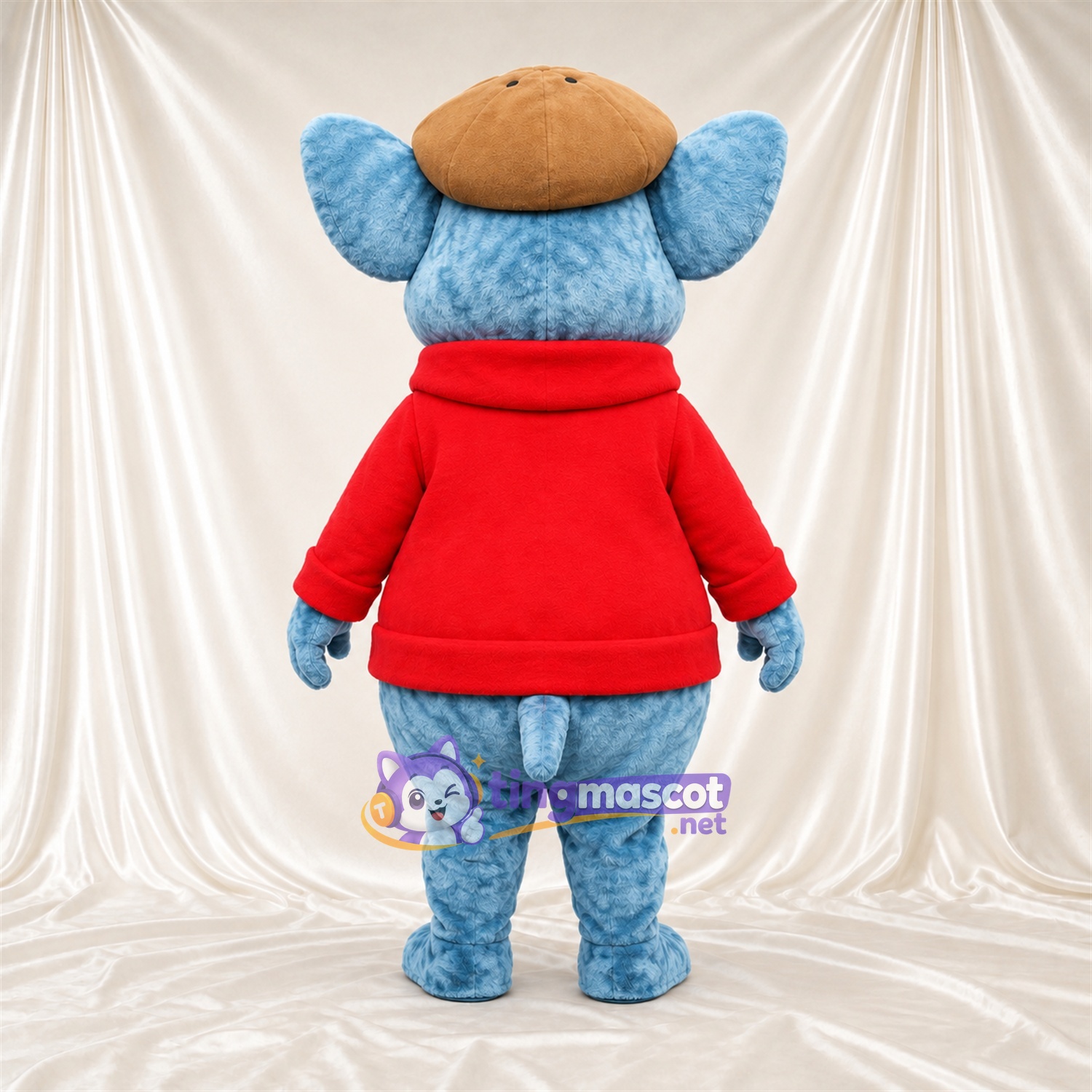 Blue Mouse Mascot Costume - Red Sweater and Tan Cap, Pink Inner Ears and Long Tail Blue Mouse Mascot Costume - Red Sweater and Tan Cap, Pink Inner Ears and Long Tail