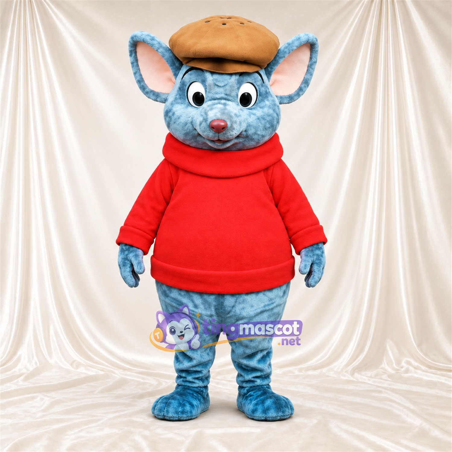 Blue Mouse Mascot Costume - Red Sweater and Tan Cap, Pink Inner Ears and Blue Nose Blue Mouse Mascot Costume - Red Sweater and Tan Cap, Pink Inner Ears and Blue Nose