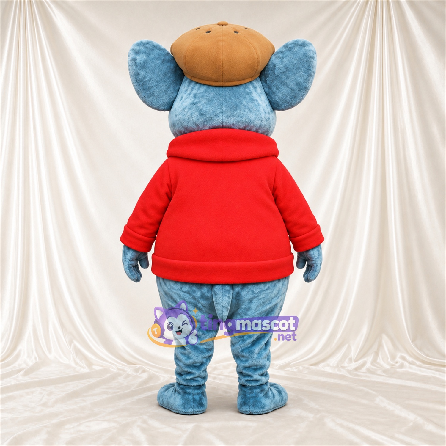 Blue Mouse Mascot Costume - Red Sweater and Tan Cap, Pink Inner Ears and Blue Nose Blue Mouse Mascot Costume - Red Sweater and Tan Cap, Pink Inner Ears and Blue Nose