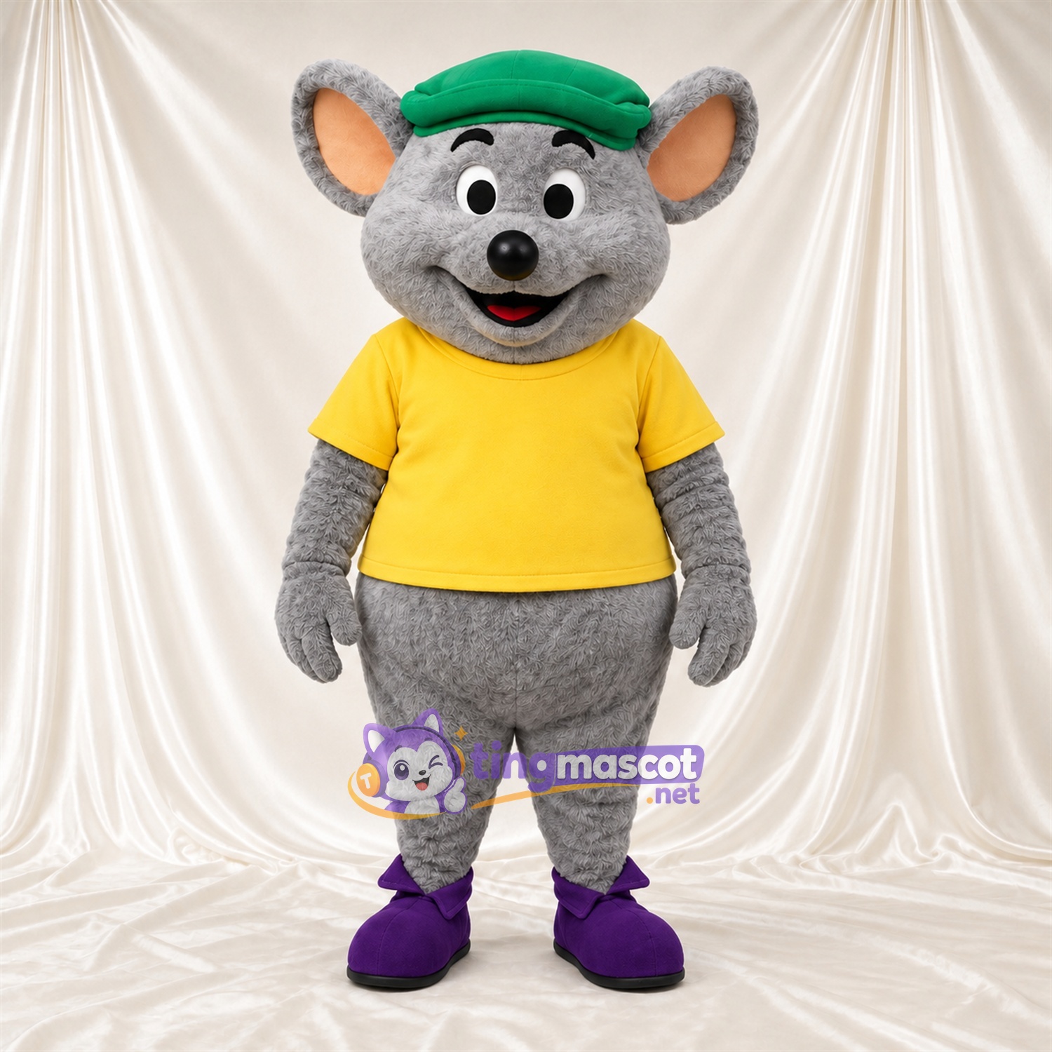 Costume de mascotte Souris – gris – Chemise (jaune); Béret (vert) Costume de mascotte Souris – gris – Chemise (jaune); Béret (vert)
