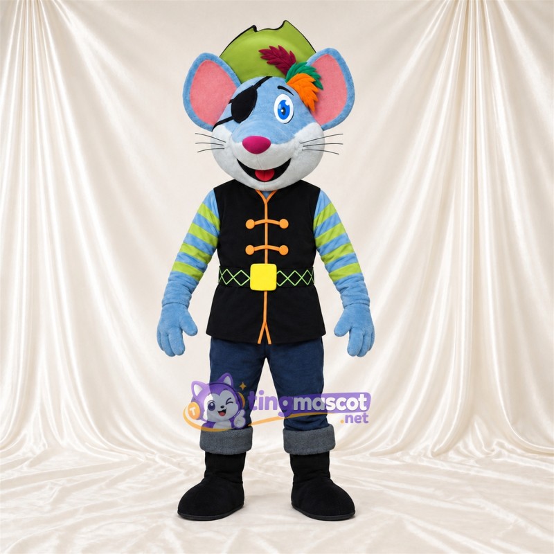 Blue Mouse Mascot Costume - Green Hat and Black Vest Blue Mouse Mascot Costume - Green Hat and Black Vest