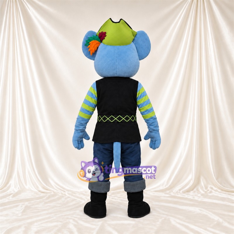 Blue Mouse Mascot Costume - Green Hat and Black Vest Blue Mouse Mascot Costume - Green Hat and Black Vest