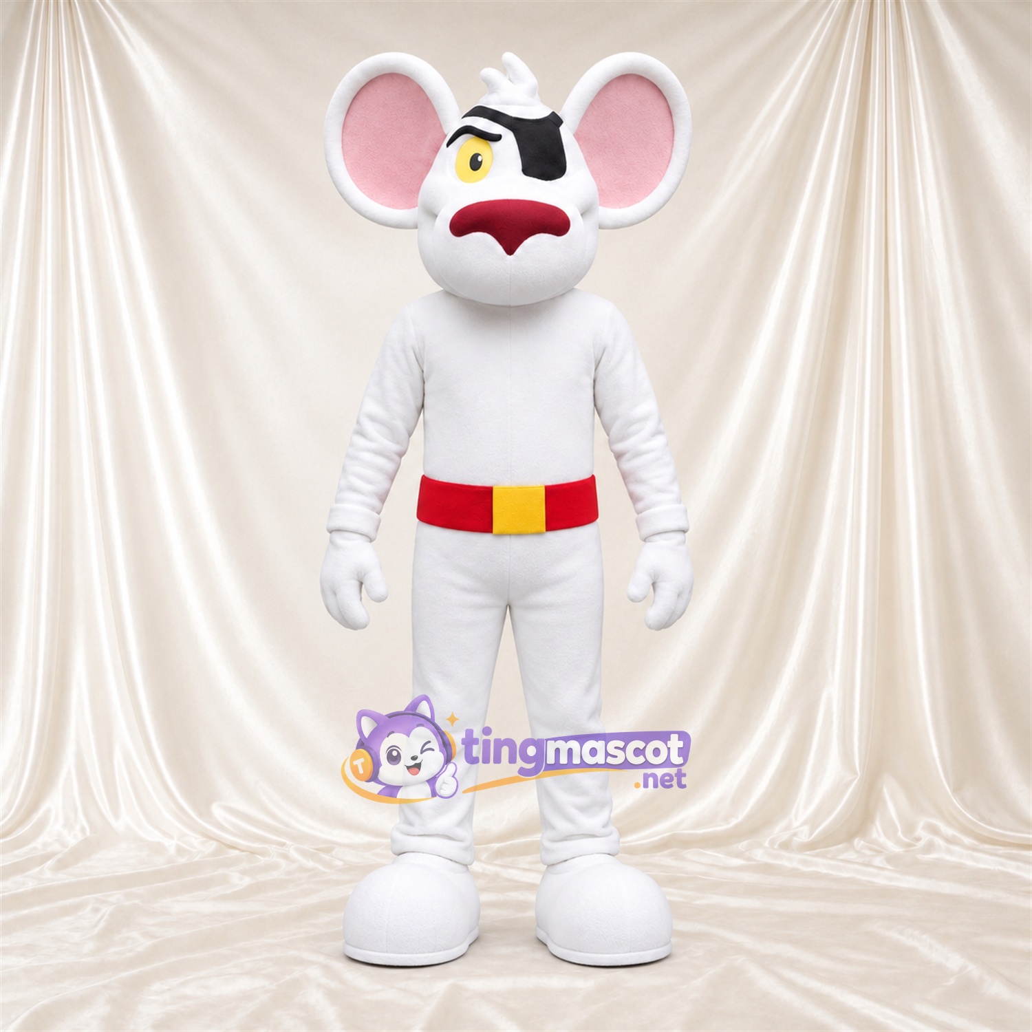 Costume de mascotte Souris – blanc – Tache autour d’un œil; Ceinture (rouge) Costume de mascotte Souris – blanc – Tache autour d’un œil; Ceinture (rouge)