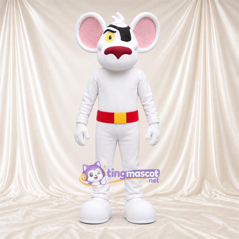 Costume de mascotte Souris – blanc – Tache autour d’un œil; Ceinture (rouge) Costume de mascotte Souris – blanc – Tache autour d’un œil; Ceinture (rouge)