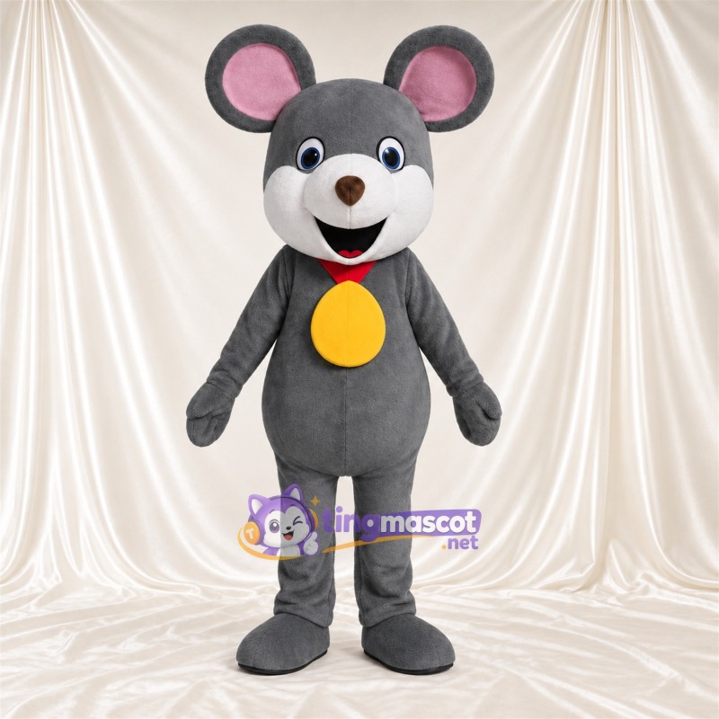 Costume de mascotte Souris – gris – Col (rouge); Médaillon (doré)