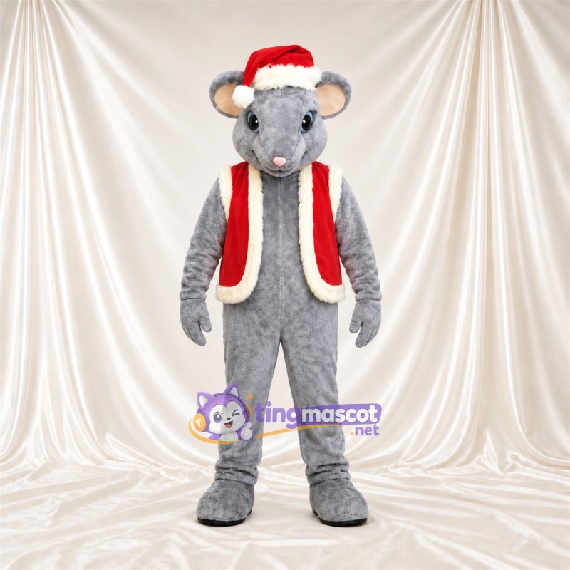 Costume de mascotte Souris – gris – Bonnet de Noël; Gilet (rouge)