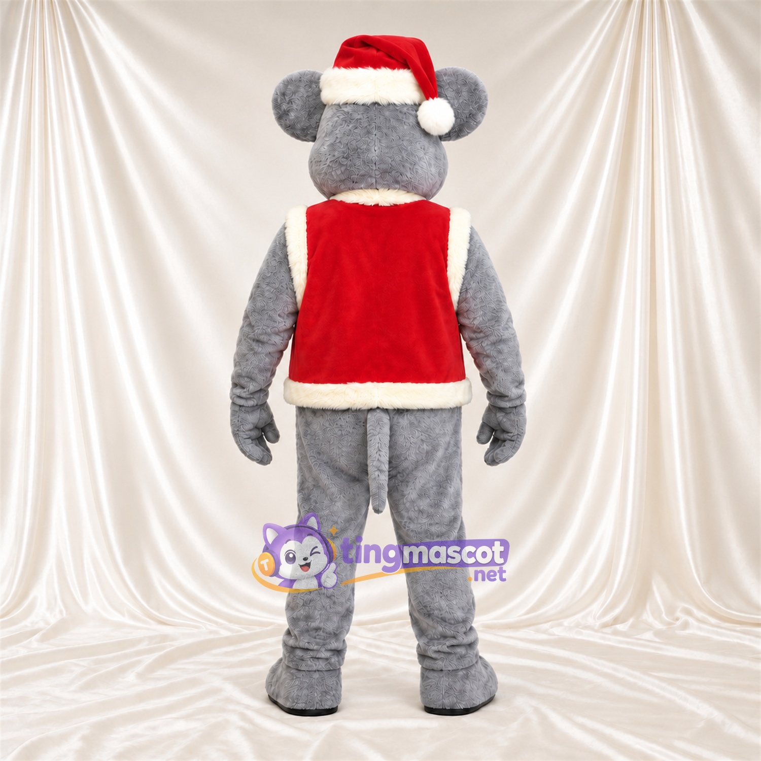 Costume de mascotte Souris – gris – Bonnet de Noël; Gilet (rouge) Costume de mascotte Souris – gris – Bonnet de Noël; Gilet (rouge)