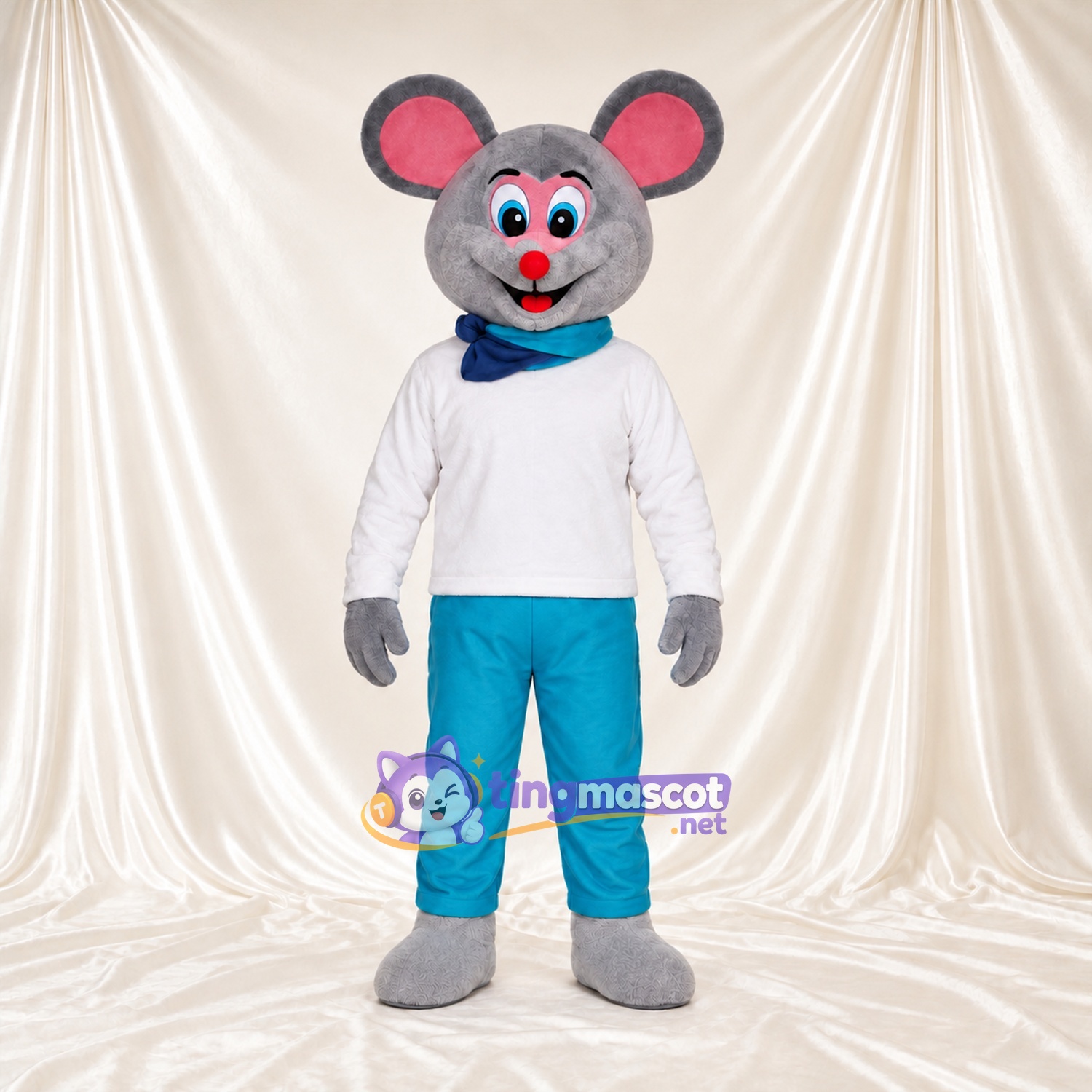 Costume de mascotte Souris – gris – Chemise (blanc); Pantalon (bleu canard) Costume de mascotte Souris – gris – Chemise (blanc); Pantalon (bleu canard)