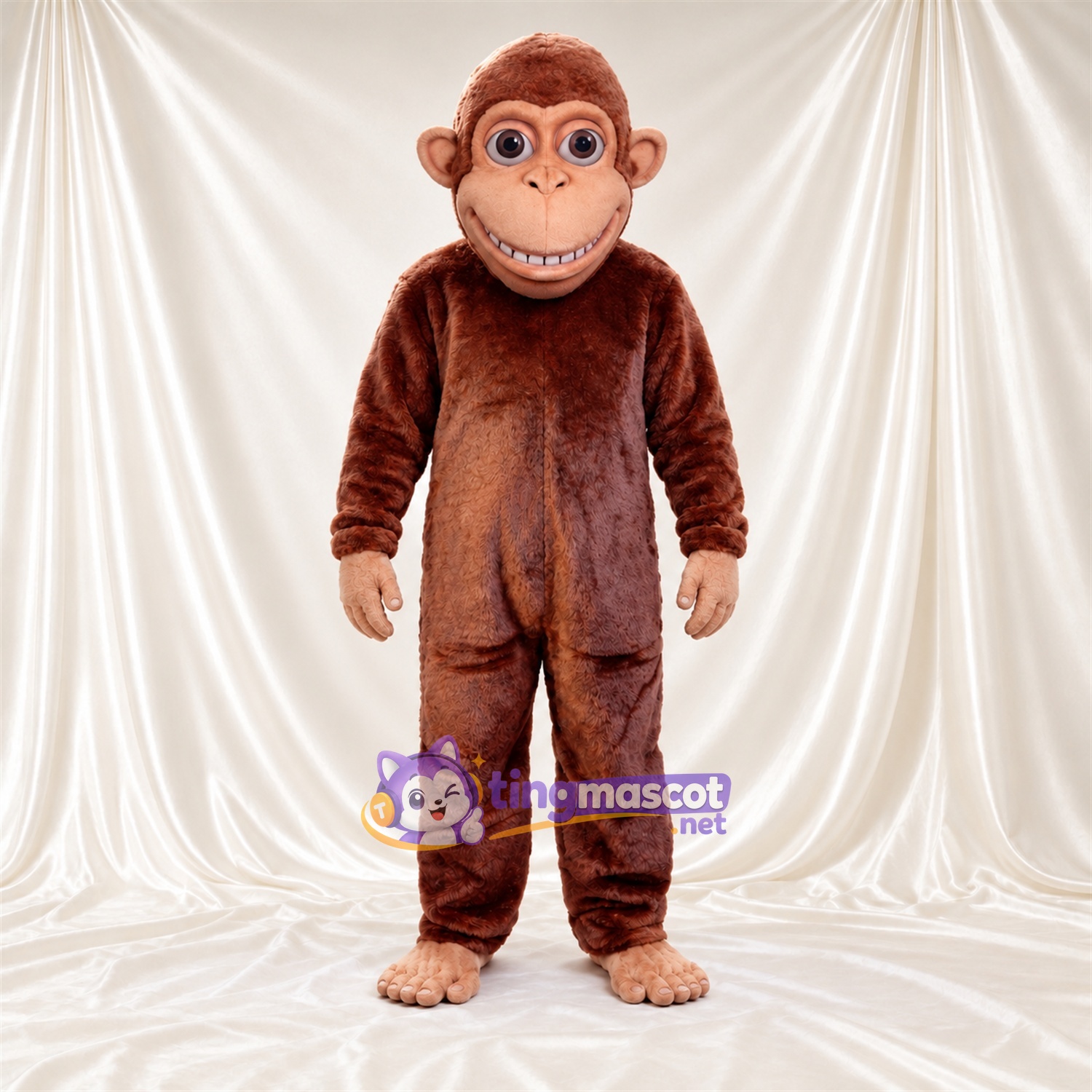 Maskottchenkostüm Affe – braun – Augen (blau); Breites Zahngrinsen Maskottchenkostüm Affe – braun – Augen (blau); Breites Zahngrinsen